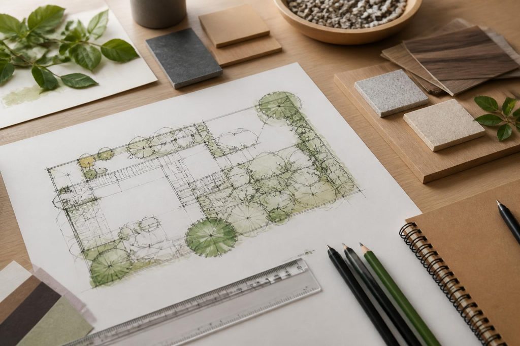 Plan de jardin et échantillons préparés pour une étude paysagère