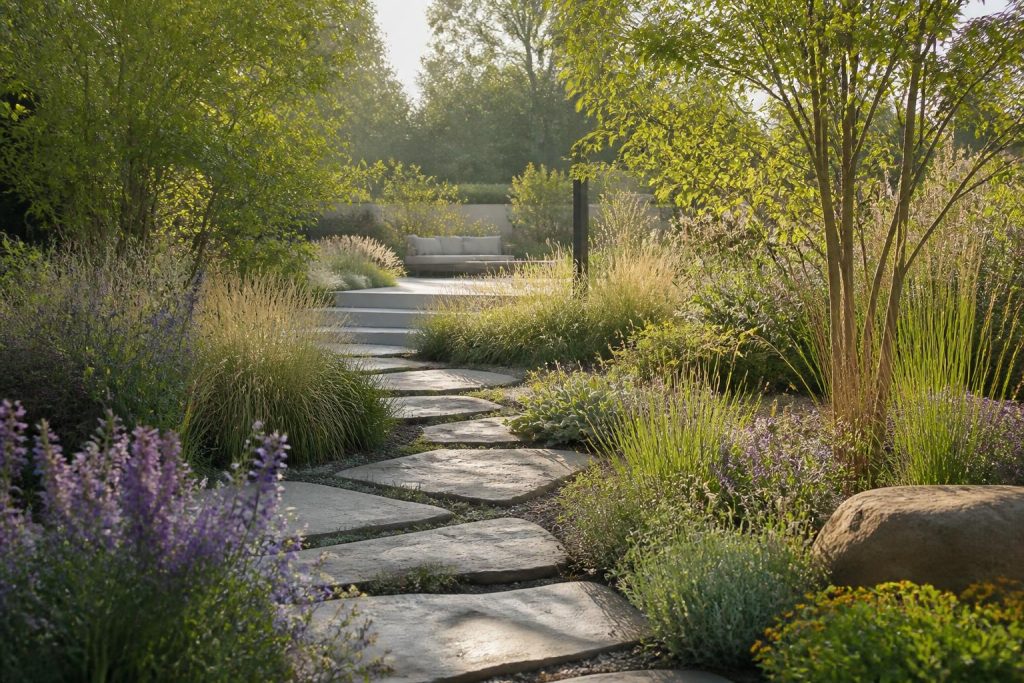 Jardin contemporain structuré par un chemin et des massifs naturalistes