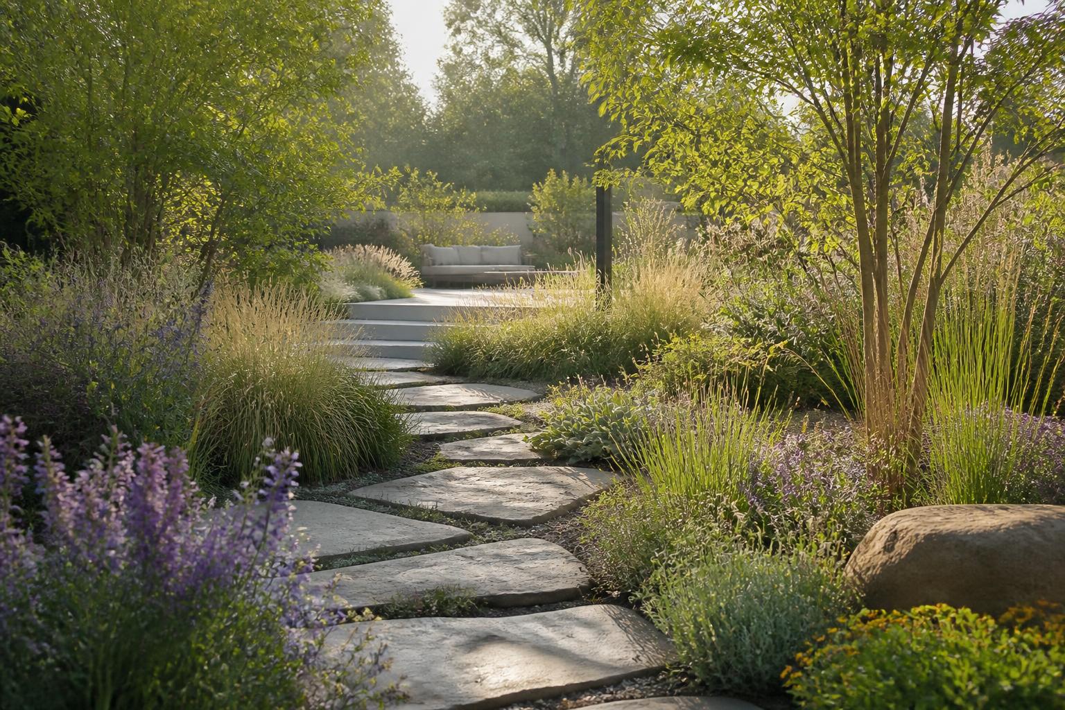 Jardin contemporain structuré par un chemin et des massifs naturalistes