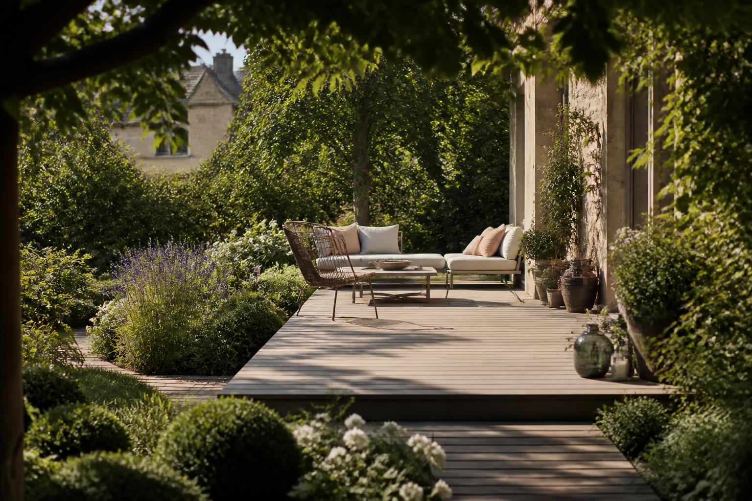 Terrasse en bois intégrée dans les plantations du jardin