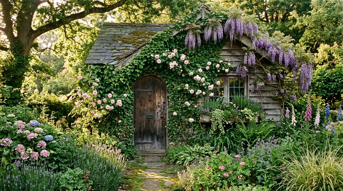 Petite maison couverte de lierre, fleurs roses et glycines pourpres