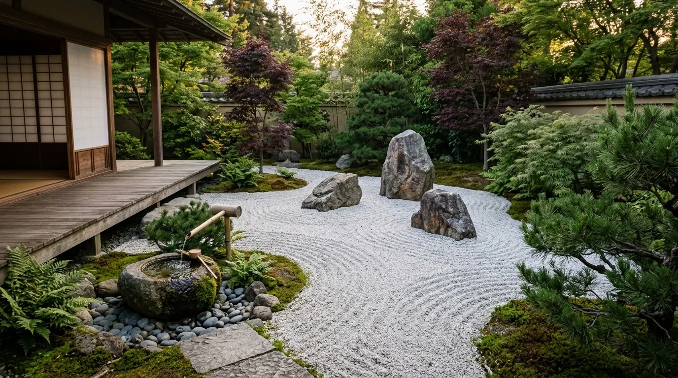 Jardin zen avec gravier, rochers et végétation verte luxuriante