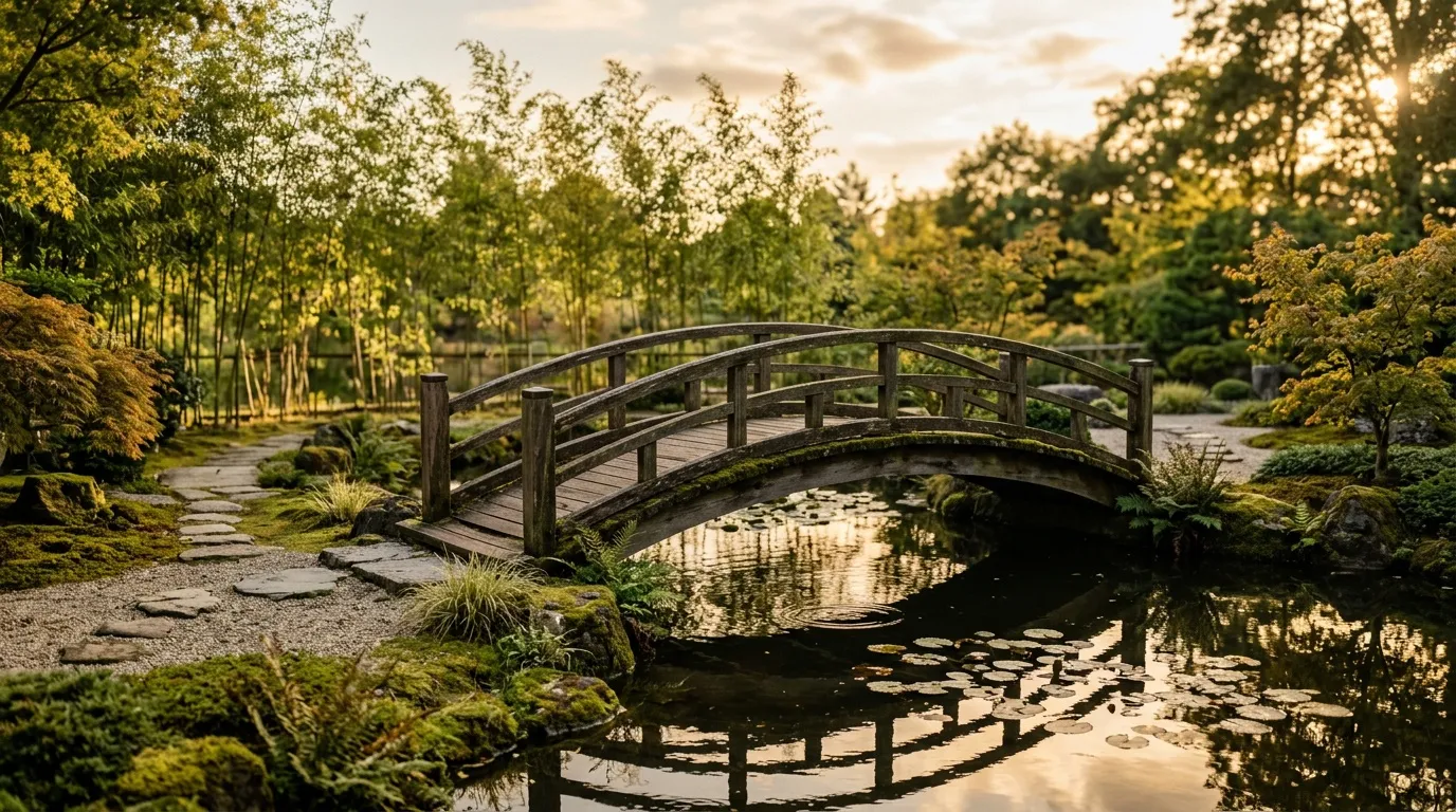 Pont en bois arqué enjambant un étang dans un jardin boisé