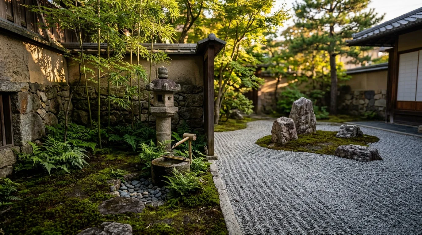 Jardin zen avec lanterne, pierres et bambou