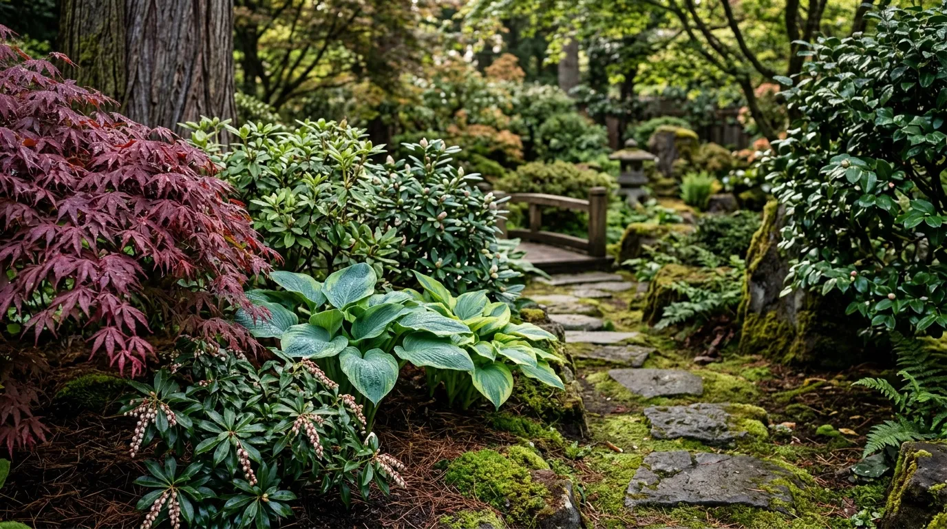 Sentier de pierre dans jardin boisé avec plantes variées