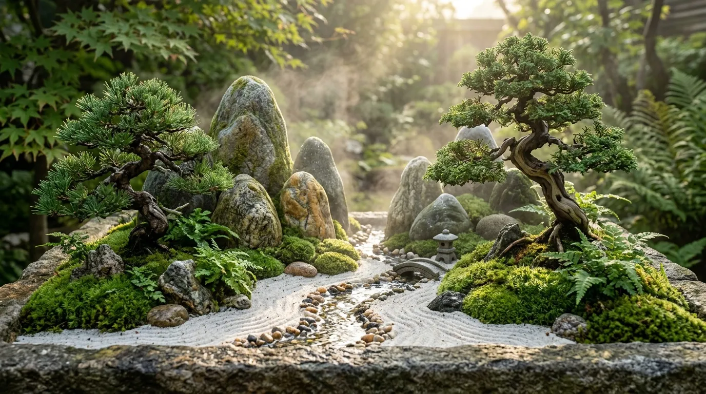 Jardin zen avec bonsaïs, pierres et ruisseau de gravier
